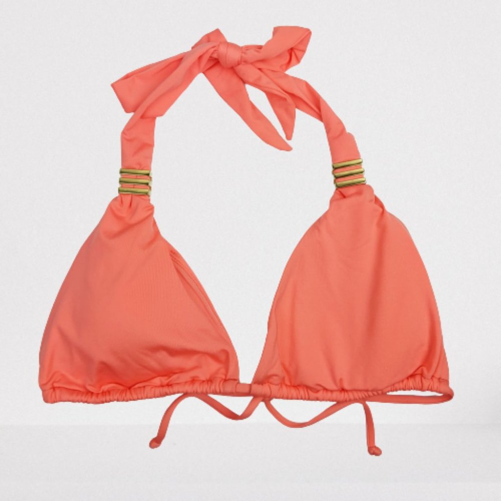 bar III L Coral Orange Triangle Halter Swim Top
